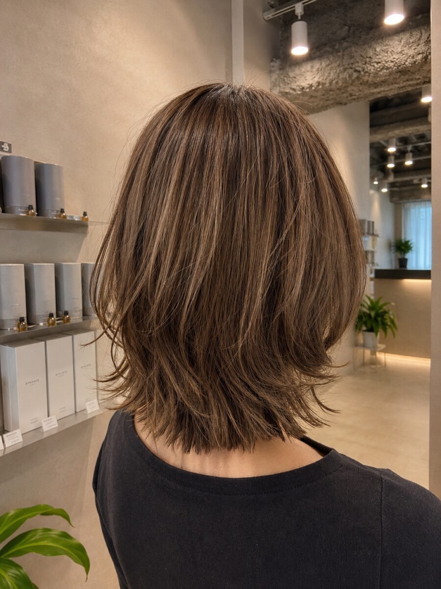 後ろ姿で見えるナチュラルブラウンのレイヤーヘアにハイライトを施したスタイル